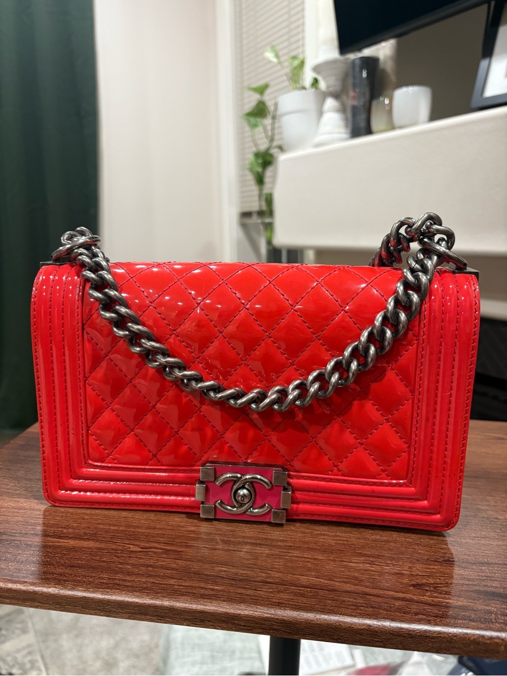 CHANEL Red and Pink Quilted Patent Leather Medium Boy Bag
